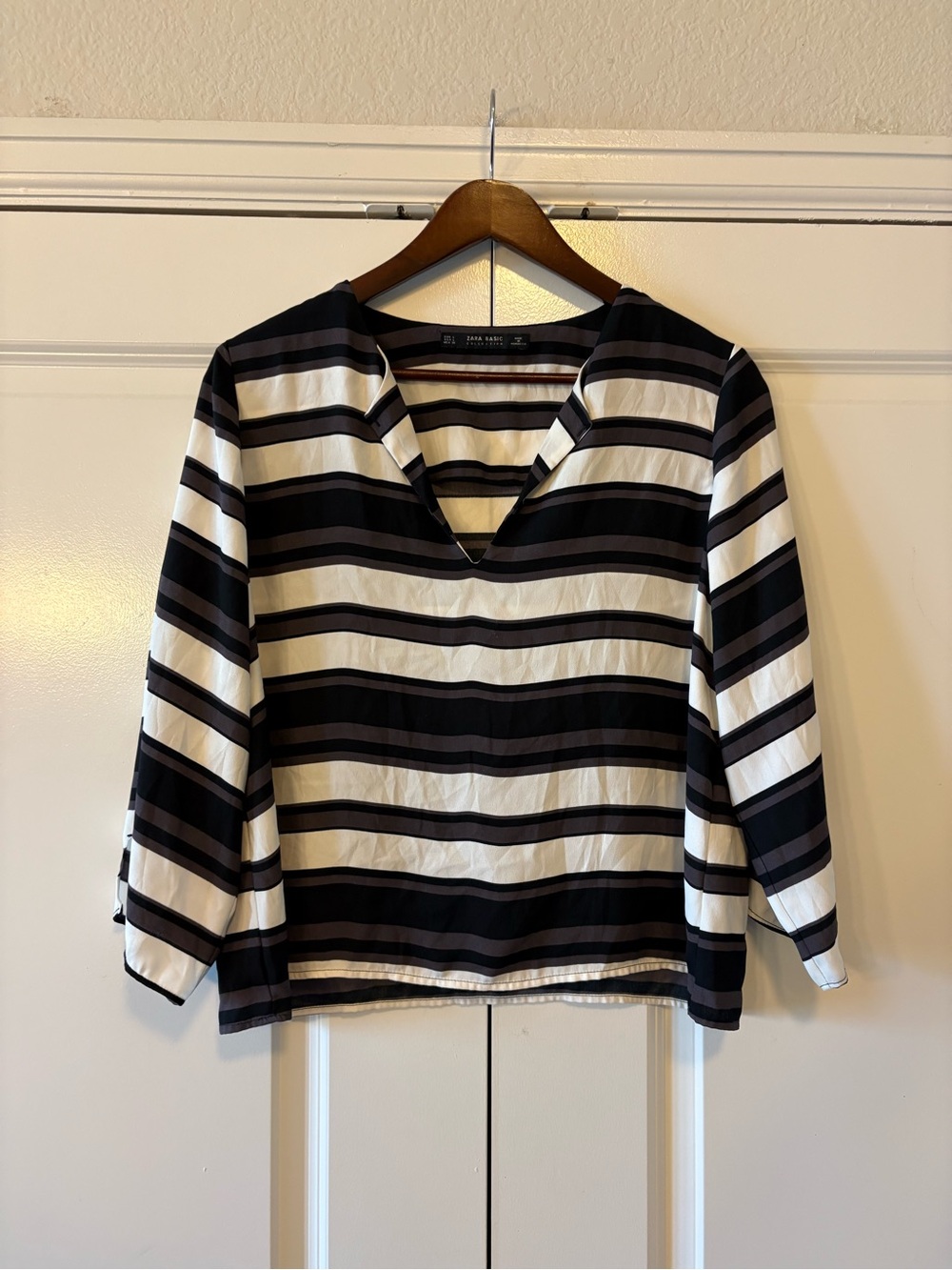 Zara Black and White Striped V-Neck Blouse